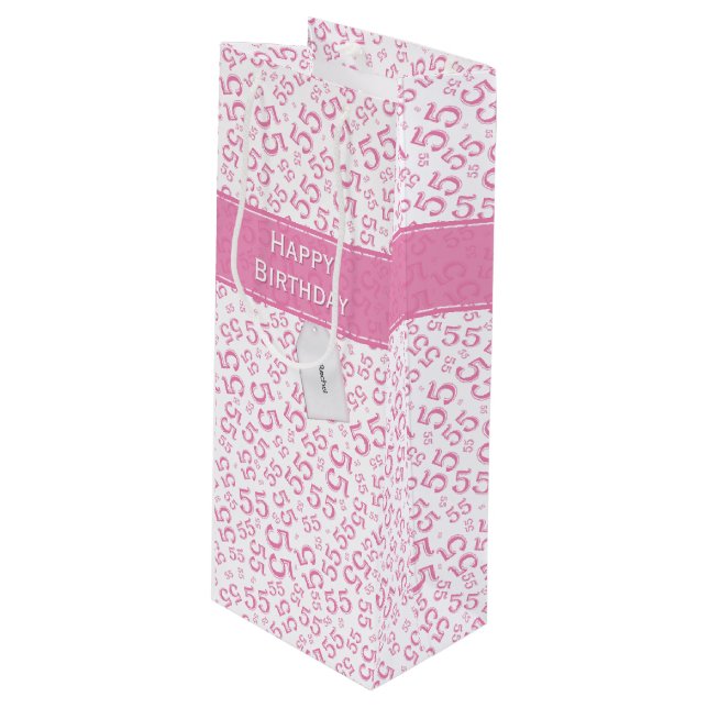 Happy Birthday Age 55 Number Pattern Pink/White Wine Gift Bag (Front Angled)