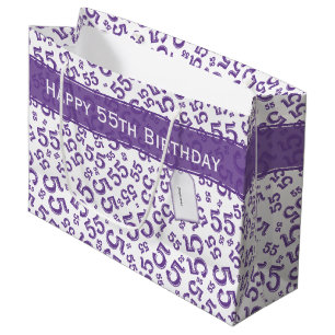 Happy Birthday Age 55 Number Pattern Purple/White Large Gift Bag