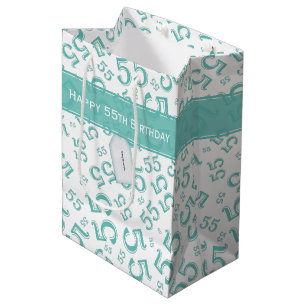 Happy Birthday Age 55 Number Pattern Teal/White Medium Gift Bag