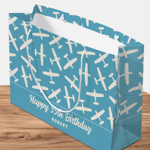 Happy Birthday Aircraft Pattern Custom Name Blue Large Gift Bag