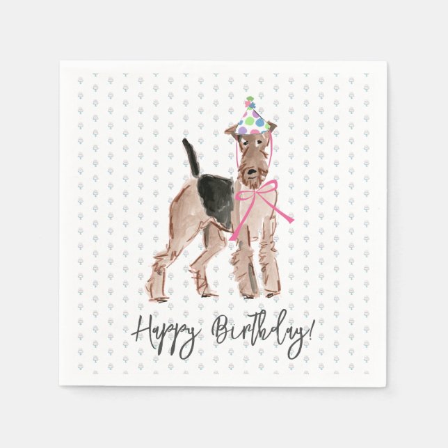 Happy Birthday Airedale Dog Hat Cake Pattern Fun Napkin (Front)