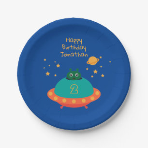 Happy Birthday Alien Spaceship With Name And Age Paper Plate