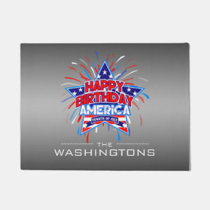 Happy Birthday America July 4th on LIGHT GREY Doormat
