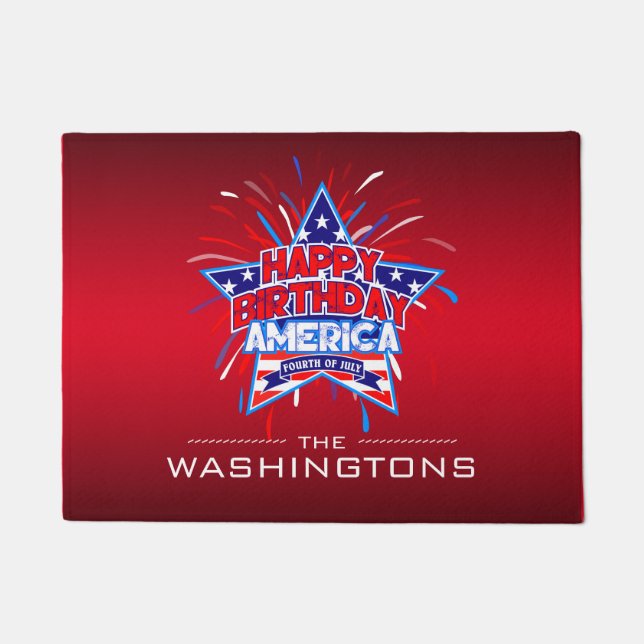 Happy Birthday America July 4th on RED Doormat (Front)