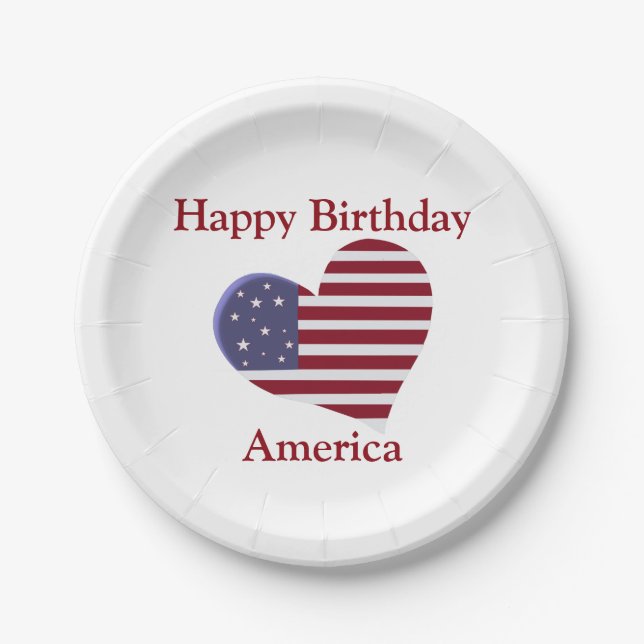 Happy Birthday America, Red White and Blue Heart Paper Plate (Front)