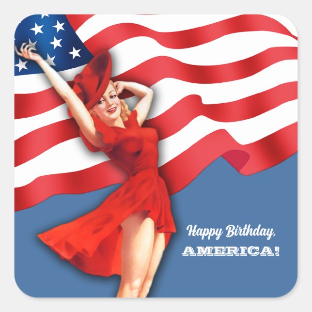 Happy Birthday, America. Retro Pin-up  Square Sticker (Front)