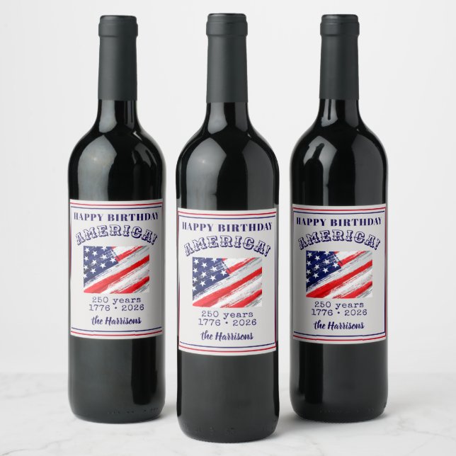 Happy Birthday America Rustic Flag Wine Label (Bottles)