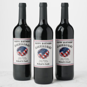Happy Birthday America Waving Flag Starburst Wine Label