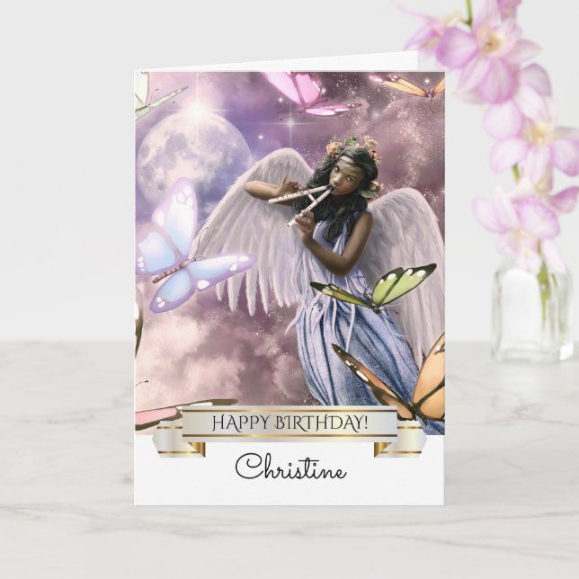 Happy Birthday. Angel with Butterflies Card (Orchid)