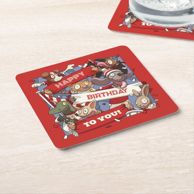 Happy Birthday Animal Sports Fans Waving Cartoon Square Paper Coaster (Angled)
