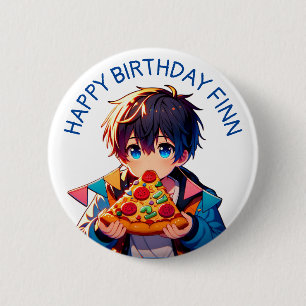 Happy Birthday   Anime Boy's Pizza Party 6 Cm Round Badge