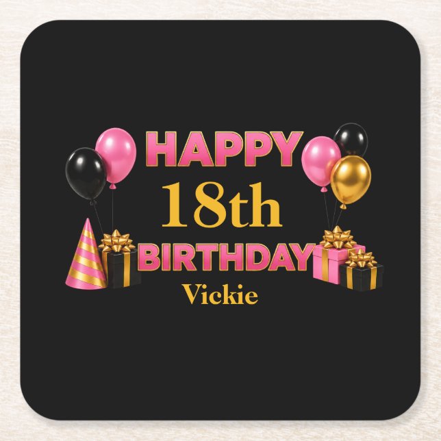 Happy Birthday Any Age Black Square Paper Coaster (Front)