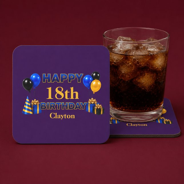 Happy Birthday Any Age Blue Square Paper Coaster (Creator Uploaded)