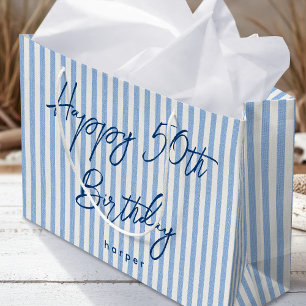 Happy Birthday Any Age Custom Name Striped Blue Large Gift Bag