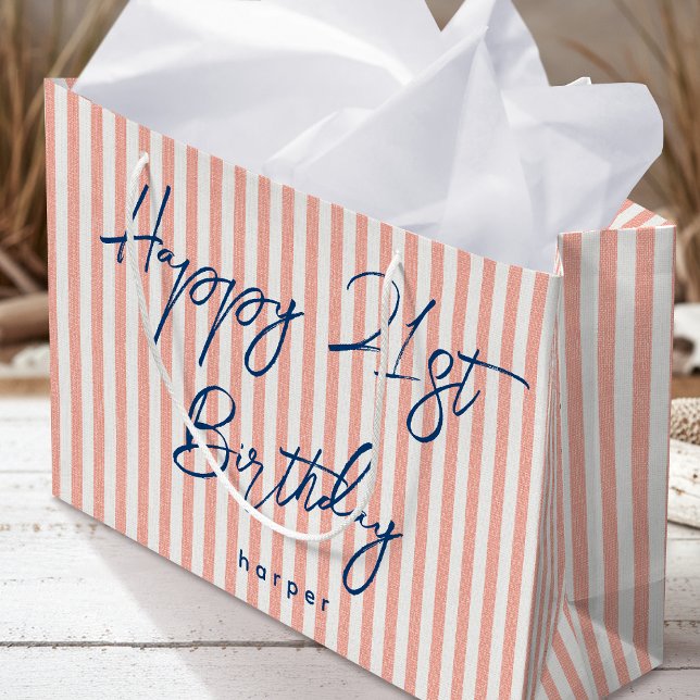 Happy Birthday Any Age Custom Name Striped Coral Large Gift Bag (Creator Uploaded)