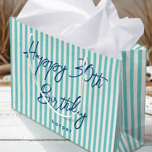 Happy Birthday Any Age Custom Name Striped Mint Large Gift Bag