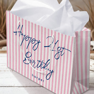 Happy Birthday Any Age Custom Name Striped Pink Large Gift Bag