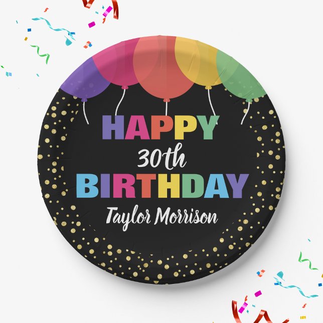 Happy Birthday Any Age Name Colourful Balloons Paper Plate (Creator Uploaded)
