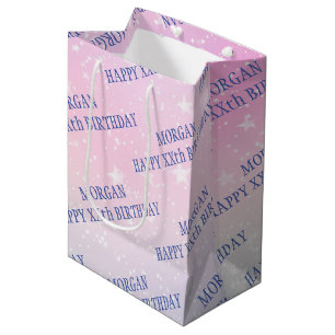 Happy Birthday, Any Age, Name, Stars, Pink & Blue Medium Gift Bag