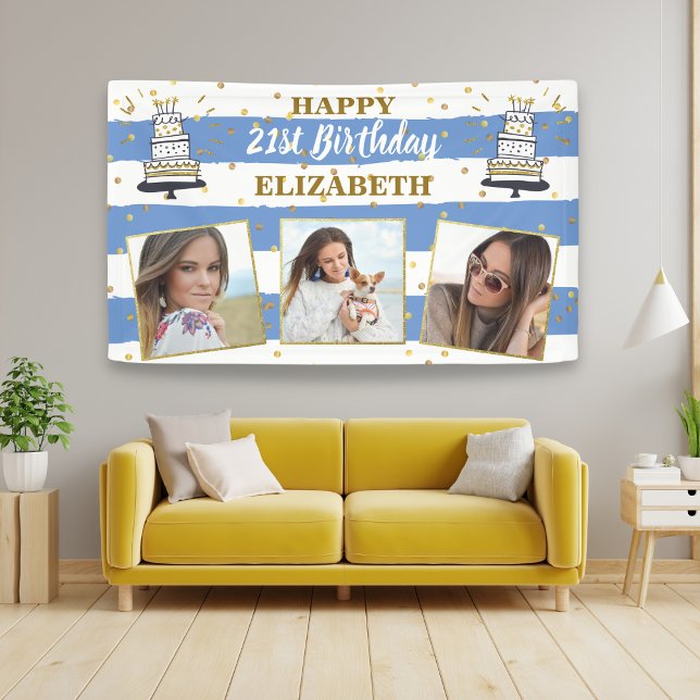 Happy Birthday Any Age Photo Collage Blue Gold Dot Banner (Creator Uploaded)