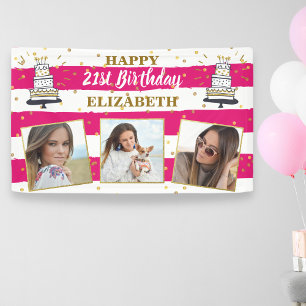 Happy Birthday Any Age Photo Collage Pink Gold Dot Banner