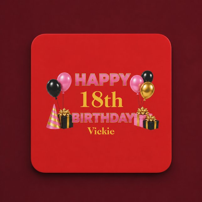 Happy Birthday Any Age Red Square Paper Coaster (Creator Uploaded)