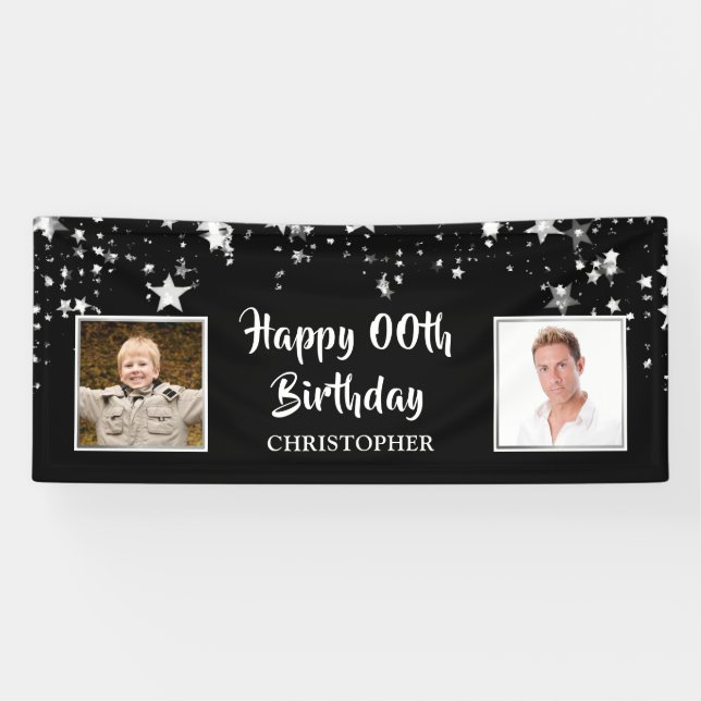 Happy Birthday Any Year 2 Photos Black Silver Star Banner (Horizontal)