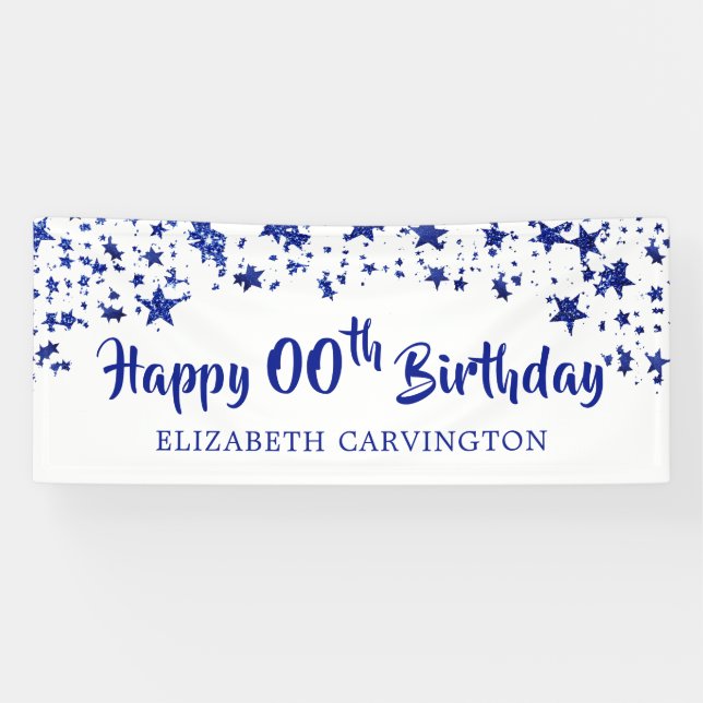 Happy Birthday ANY YEAR Blue Glitter Personalised Banner (Horizontal)