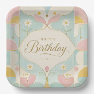 Happy Birthday Art Deco Pastel Floral Geometric Paper Plate