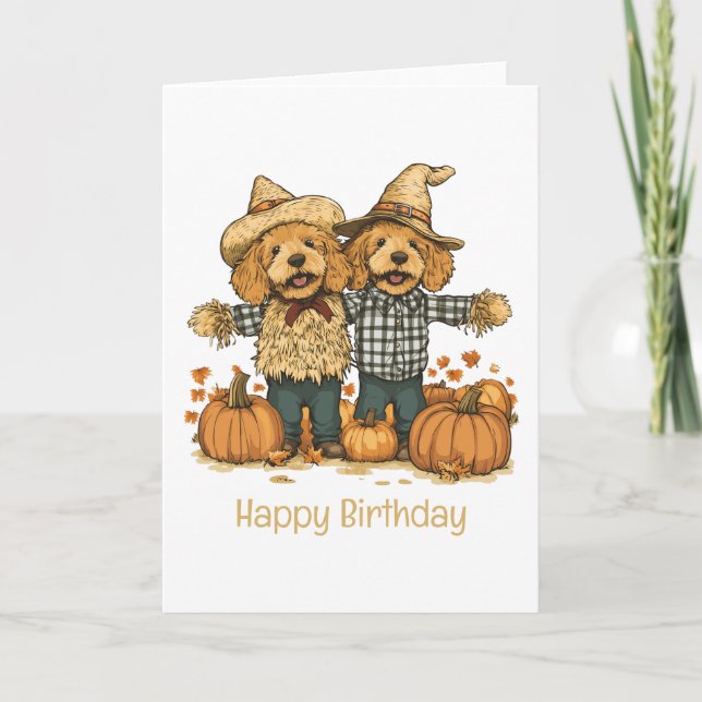 Happy Birthday Autumn Harvest Goldendoodle Dogs Card (Front)