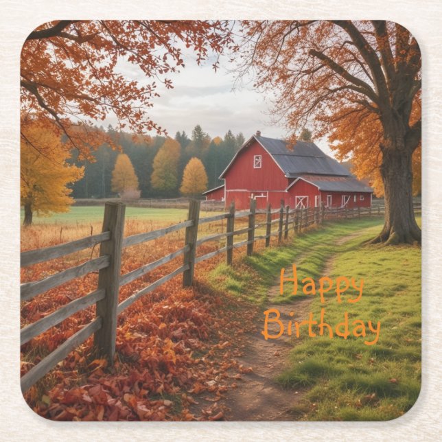 Happy Birthday Autumn Square Paper Coaster (Front)