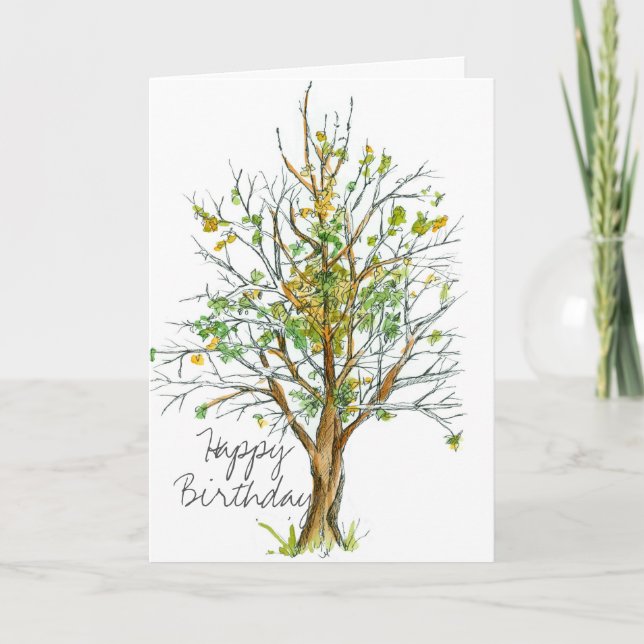 Happy Birthday Autumn Tree Pen and Ink Drawing Card (Front)