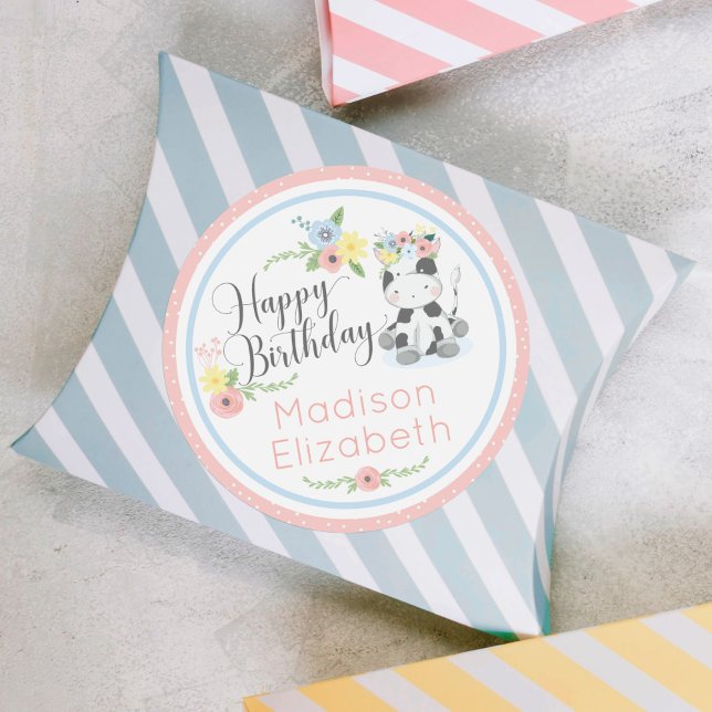 Happy Birthday Baby Cow Floral 1st Birthday Party Classic Round Sticker (Creator Uploaded)