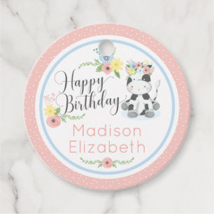 Happy Birthday Baby Cow Floral 1st Birthday Party Favour Tags