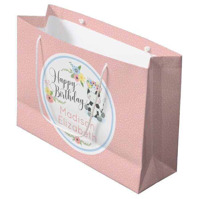 Happy Birthday Baby Cow Floral Calf Custom Large Gift Bag (Front Angled)