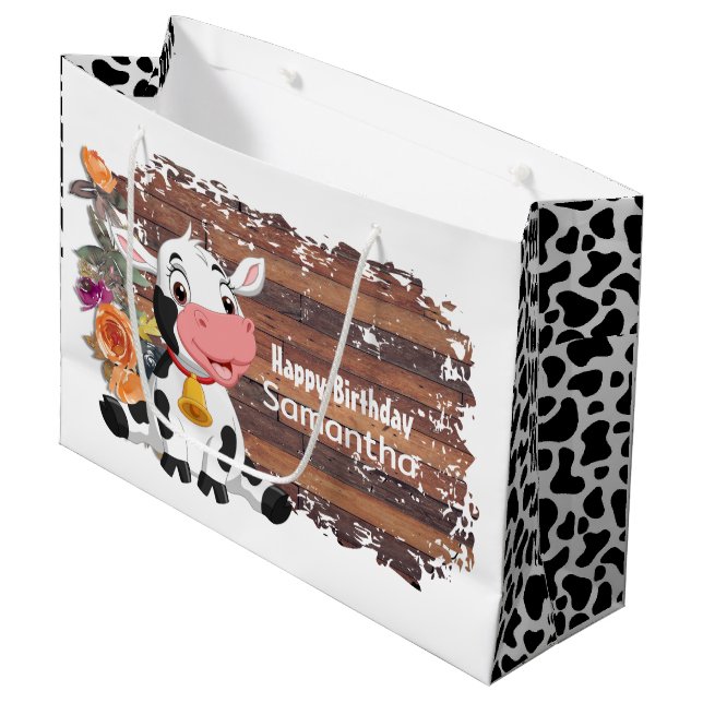 Happy Birthday Baby Cow Rustic Brown  Large Gift Bag (Front Angled)