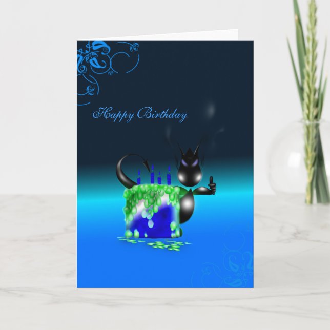 Happy Birthday Baby Dragon Birthday Cake Blue Card (Front)