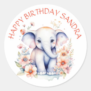 Happy Birthday Baby Elephant Personalised Classic Round Sticker