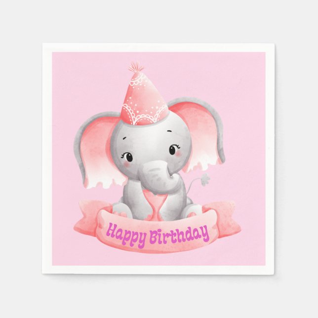 Happy Birthday Baby Pink Elephant Napkin (Front)