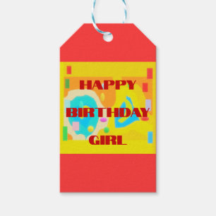 Happy Birthday bags of fun colours yellow and oran Gift Tags