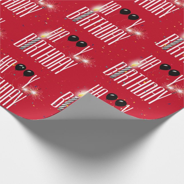 Happy Birthday Balloons and Confetti on Red Wrapping Paper (Corner)