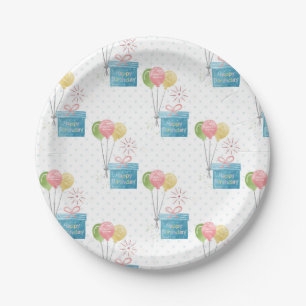 Happy Birthday Balloons and Gift Box Paper Plate