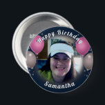 Happy Birthday Balloons and Photo Pink 7.5 Cm Round Badge<br><div class="desc">All text is adjustable! Fun balloons and confetti happy birthday one photo button. All artwork designed by Valarie Wade.</div>