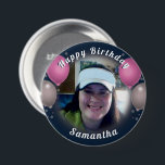 Happy Birthday Balloons and Photo Pink 7.5 Cm Round Badge<br><div class="desc">All text is adjustable! Fun balloons and confetti happy birthday one photo button. All artwork designed by Valarie Wade.</div>