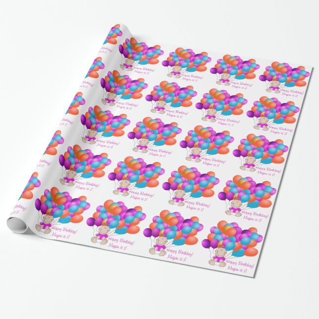Happy Birthday Balloons Baby Girl Wrapping Paper (Unrolled)
