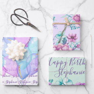 "Happy Birthday" Balloons Floral Purple Lavender Wrapping Paper Sheet