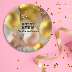 Happy Birthday Balloons Gold Glitter Any Year Name Paper Plate