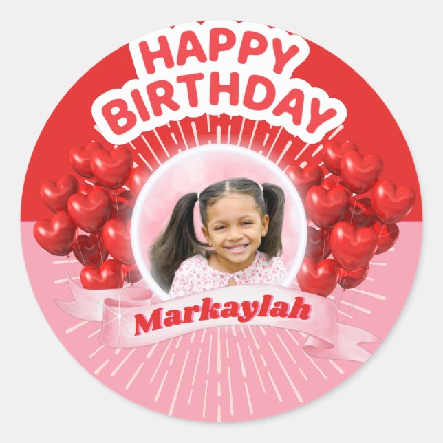Happy Birthday Balloons Pink & Red Photo Classic Round Sticker (Front)