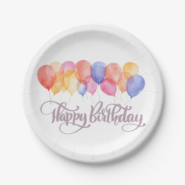 Happy Birthday Balloons Watercolor Birthday Party Paper Plate (Front)
