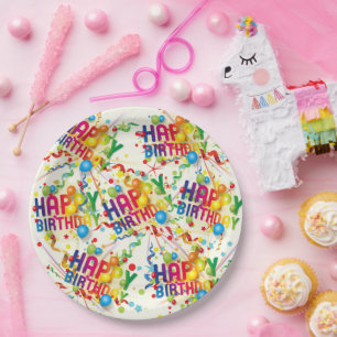 Happy Birthday Baloons and Streamers Paper Plate